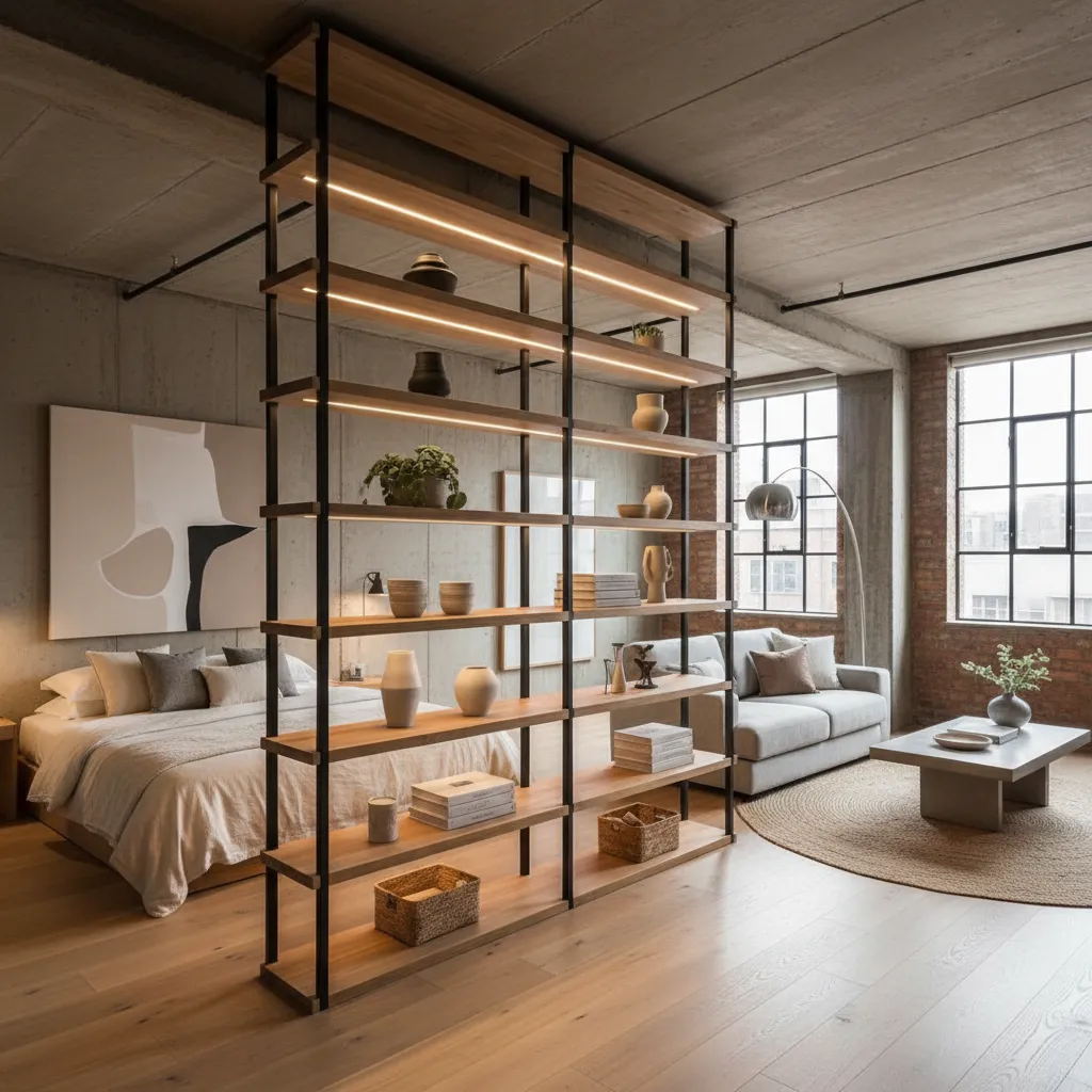 Estantería abierta separando dormitorio y sala en estudio grande
