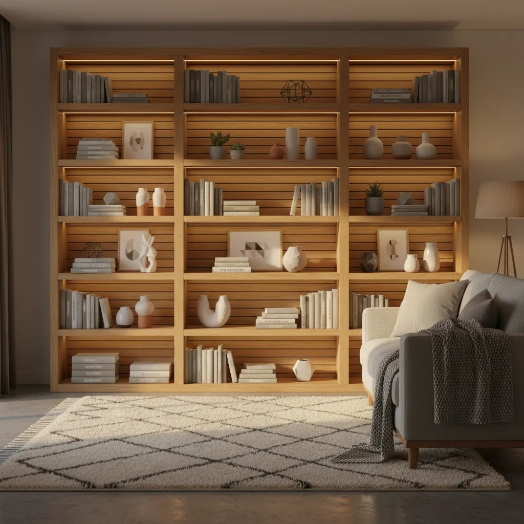 Estantería estilo IKEA personalizada con iluminación y madera