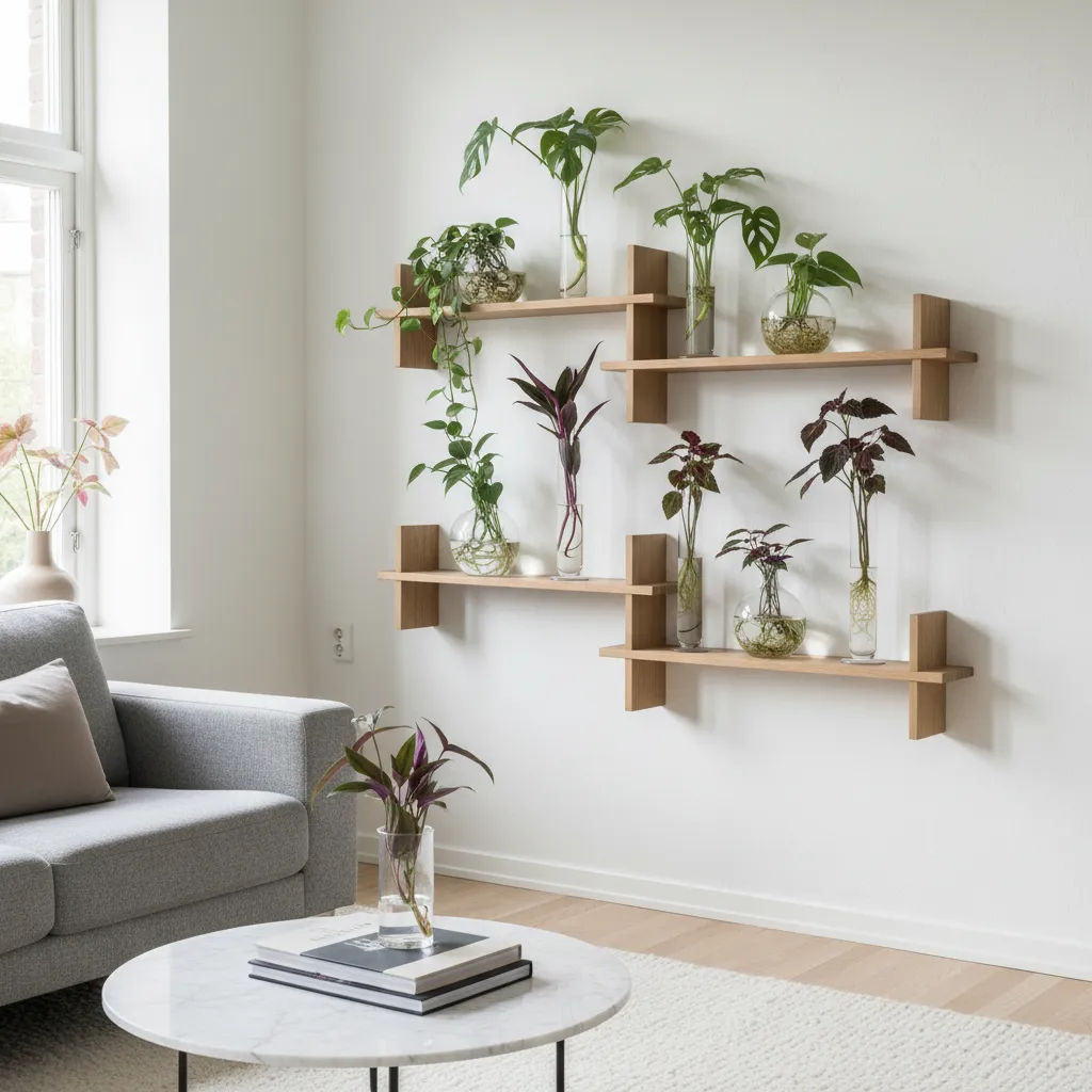 Modern living room featuring wooden wall shelves with various green plants in glass water jars