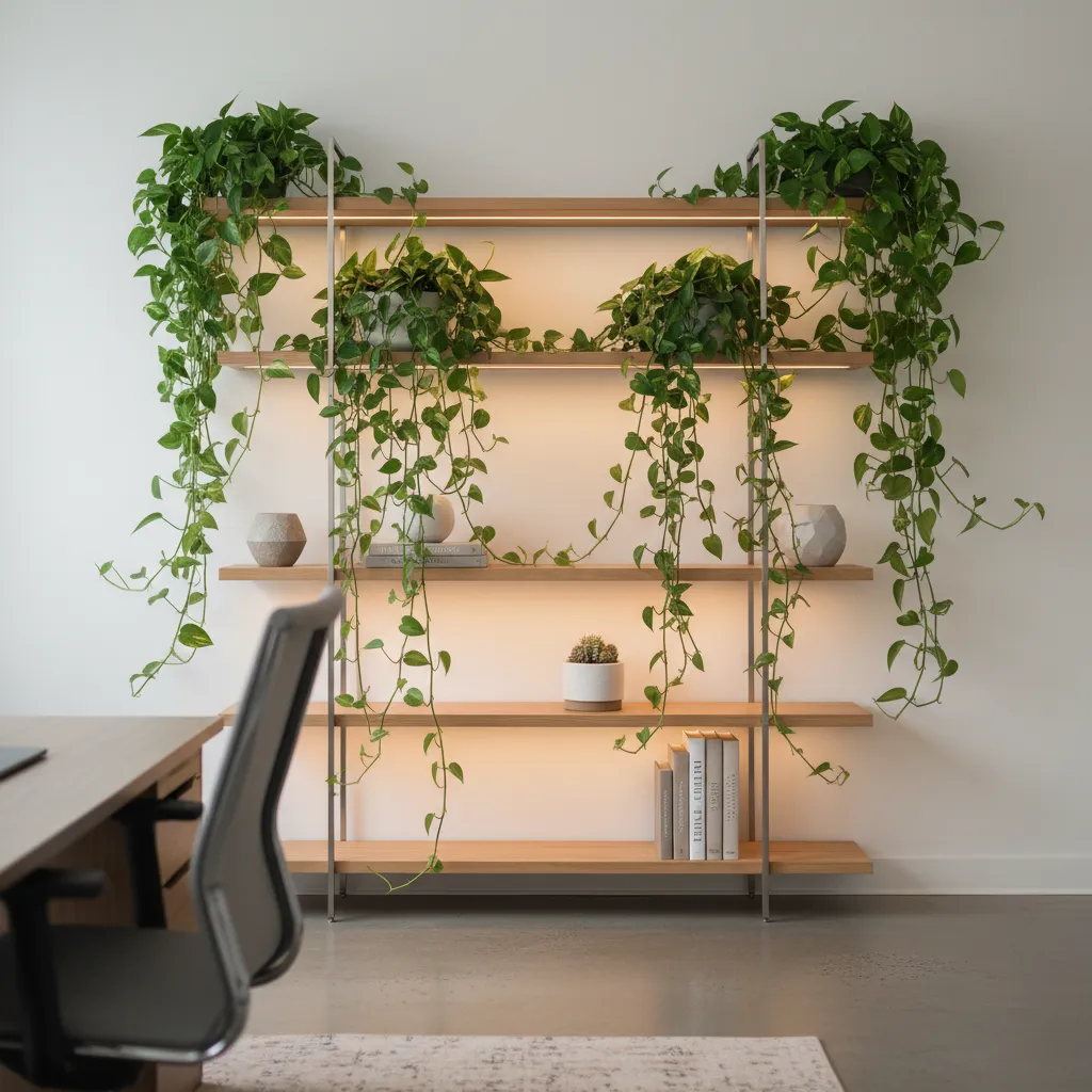 Modern wooden shelving unit with integrated lighting featuring green hanging plants in a minimalist office