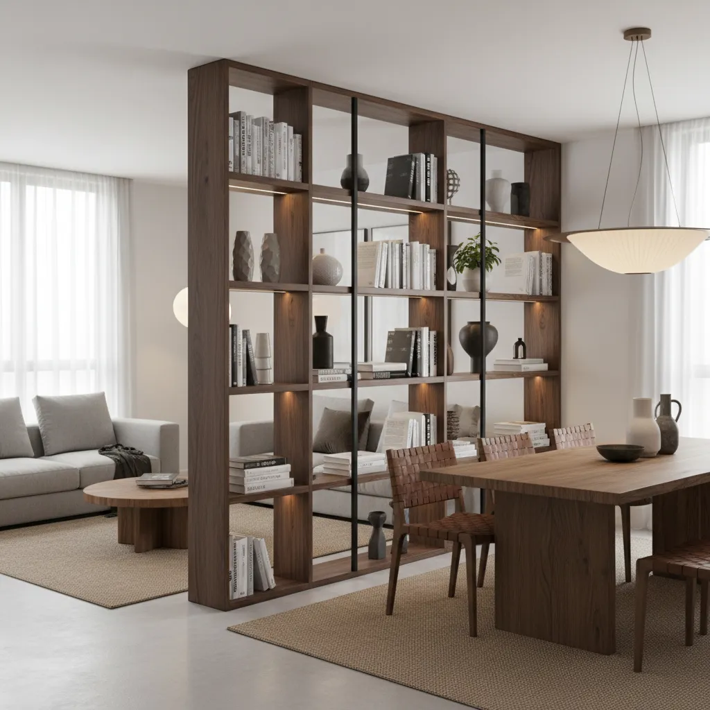 Estantería abierta utilizada como separador entre salón y comedor