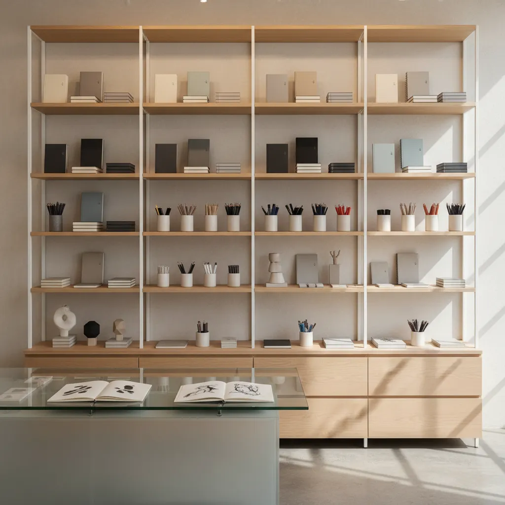 Organized wooden shelving unit with minimalist notebooks and pens against a white wall in sunlight