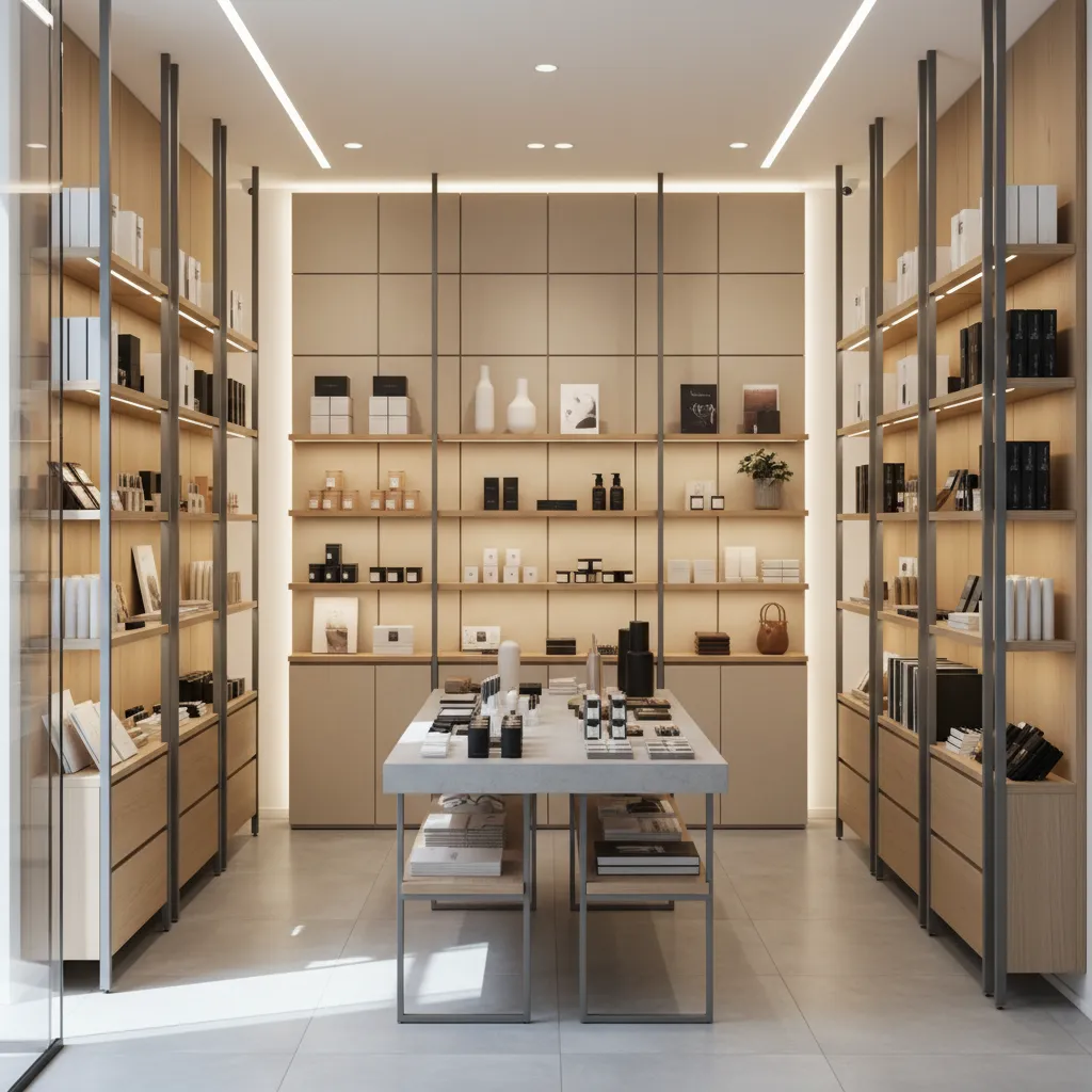 estanterías verticales aprovechando la altura en una tienda pequeña