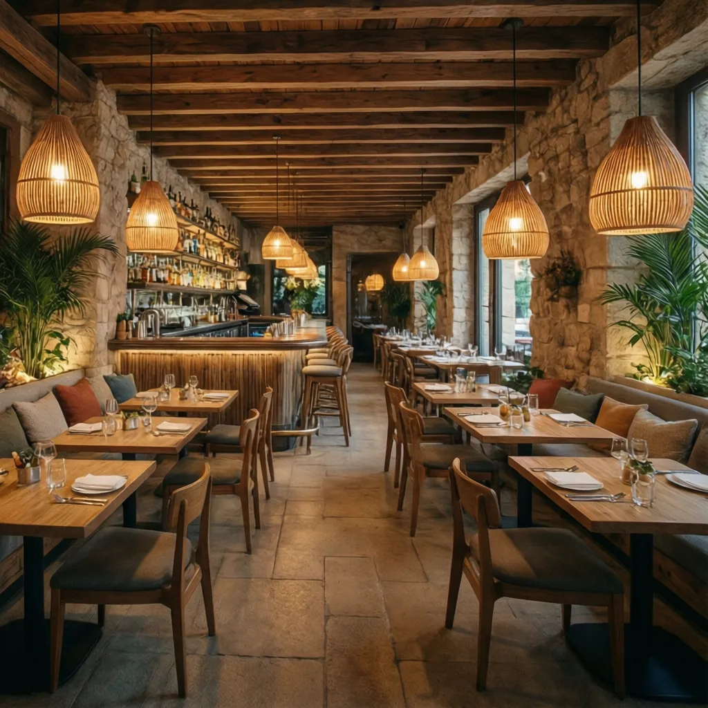 Bar de tapas con estilo mediterráneo moderno y materiales naturales