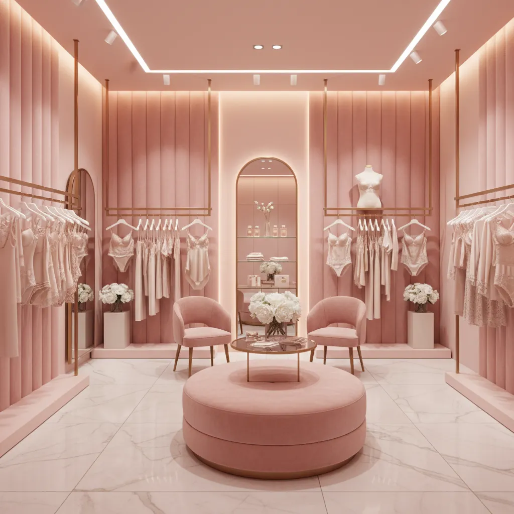 Estilo de boutique elegante para tienda de ropa interior con tonos suaves y materiales textiles