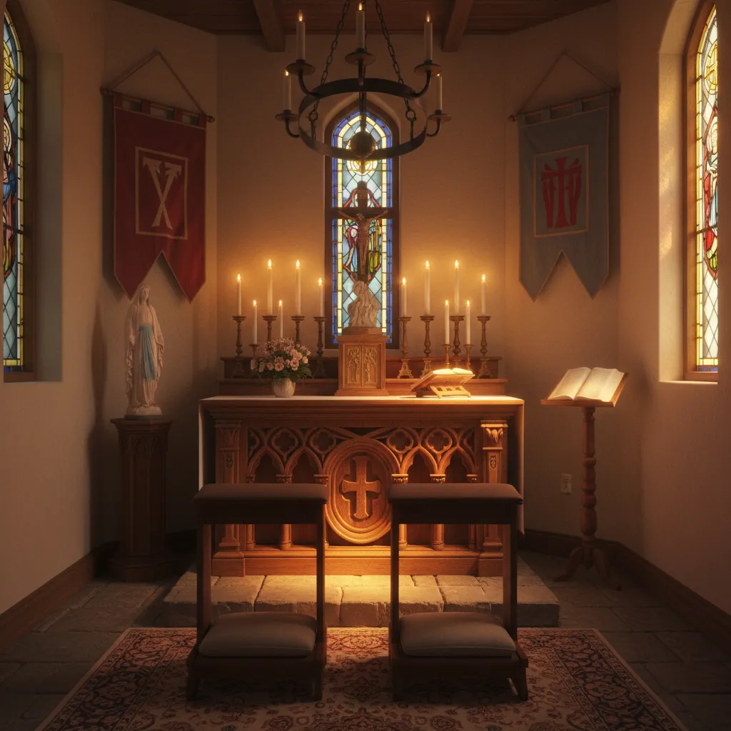 Capilla tradicional con altar de madera y velas