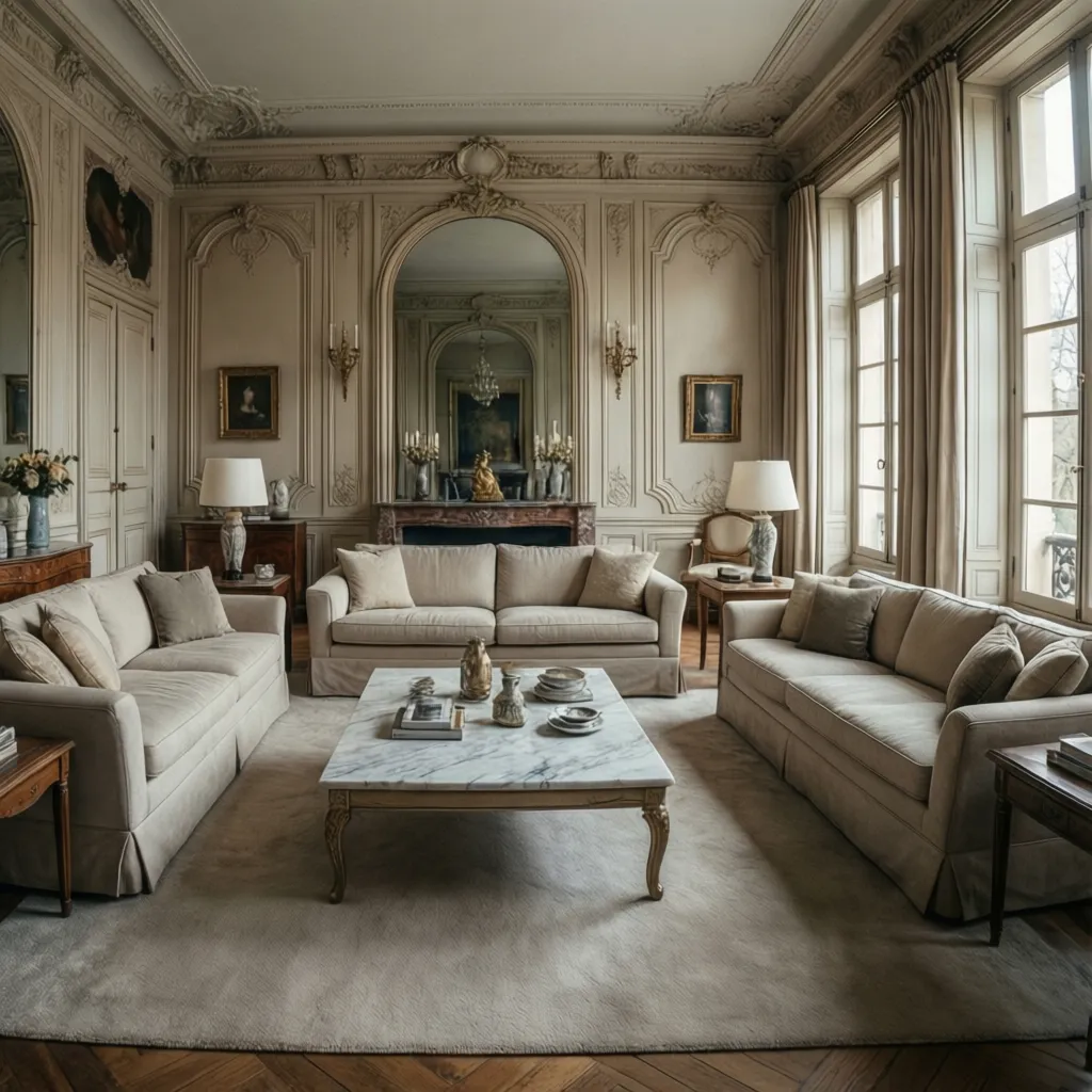 Traditional living room with beige sofas marble coffee table wall panels fireplace and large side windows
