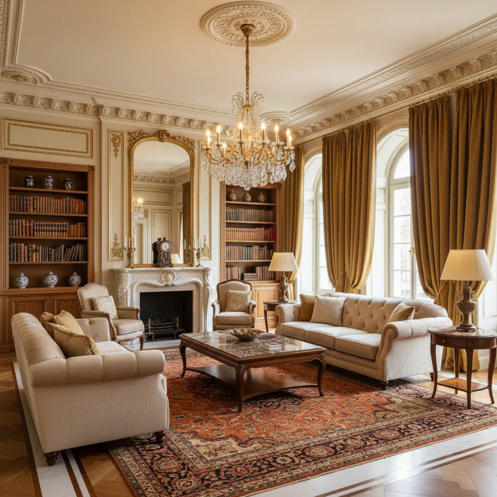 Salón elegante con decoración clásica y molduras