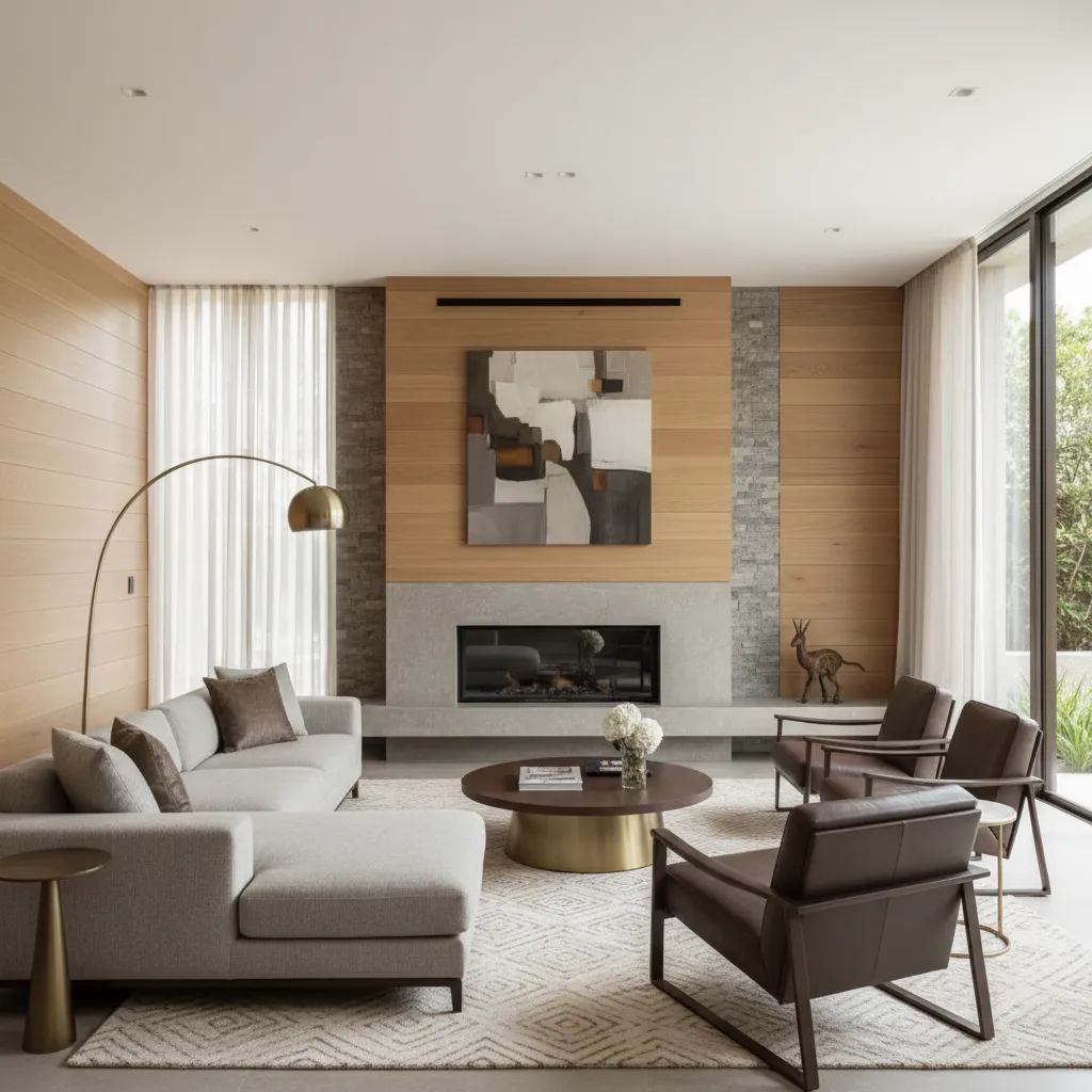 Modern living room with wood wall panels fireplace grey sofa leather chairs and floor lamp