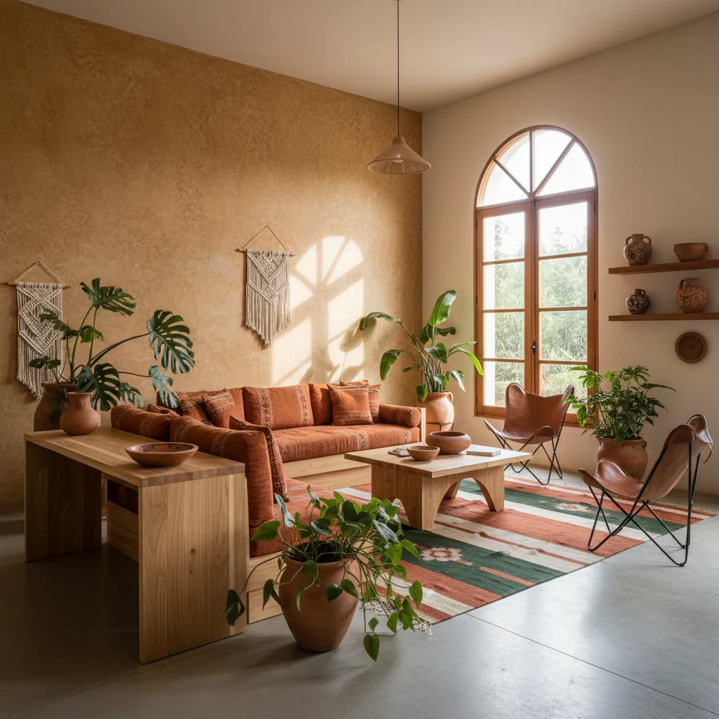 Interior estilo contemporáneo mexicano con materiales naturales