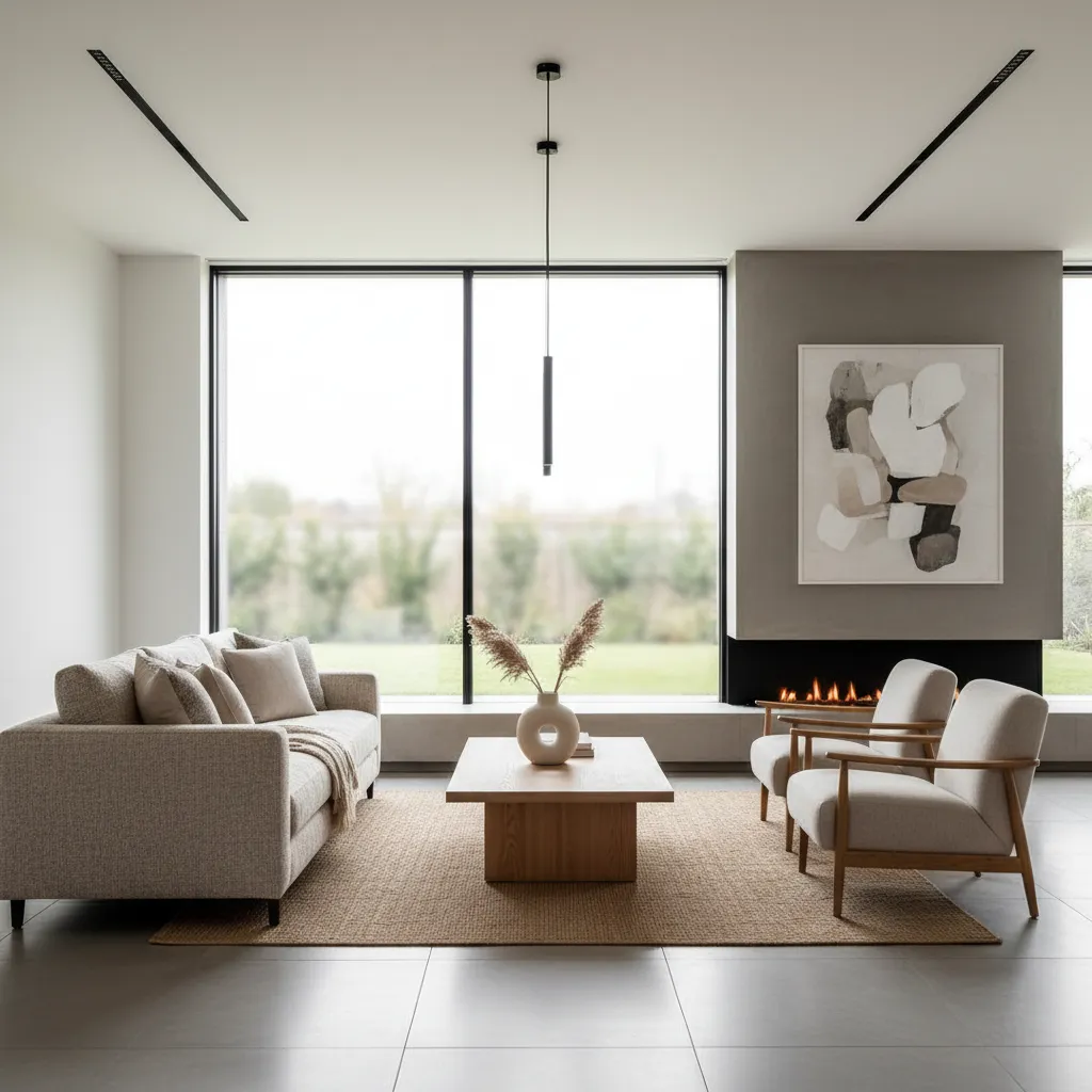 Salón contemporáneo con paleta neutra y muebles modernos