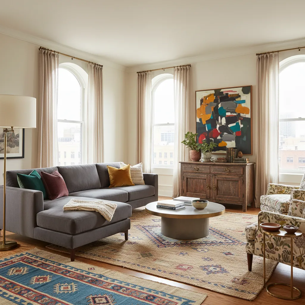 Eclectic living room with grey sofa wooden cabinet colorful wall art and bright natural light