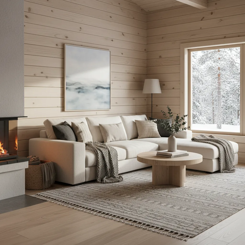 Salón de casa de madera con estilo escandinavo