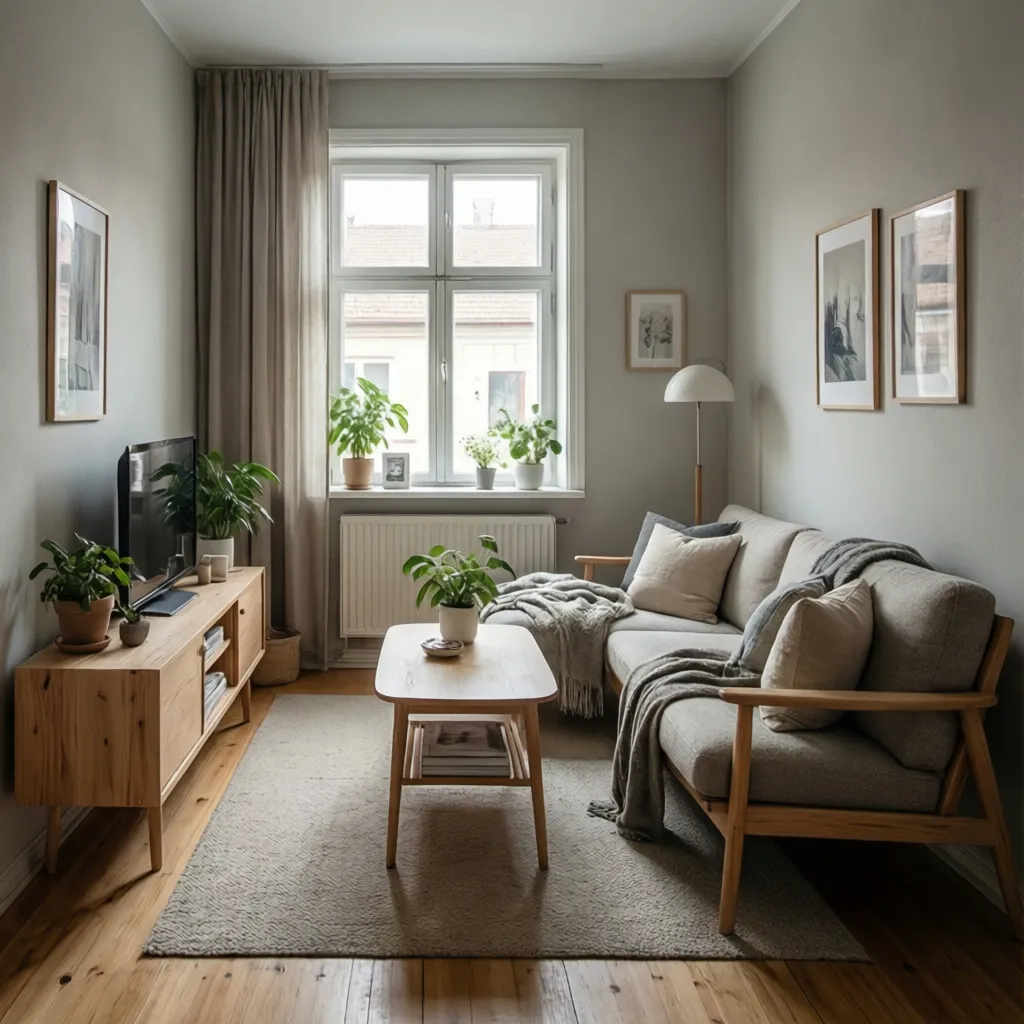 Sala pequeña decorada en estilo escandinavo con tonos claros