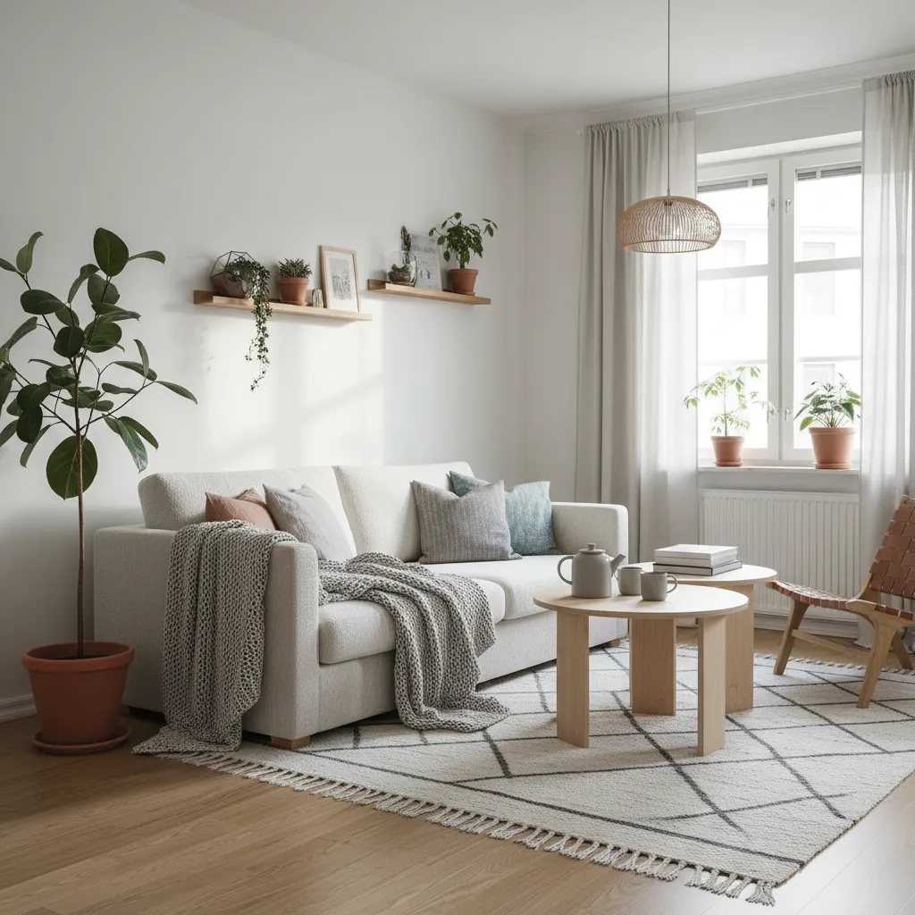 Sala de estar con estilo escandinavo con madera clara y tonos blancos