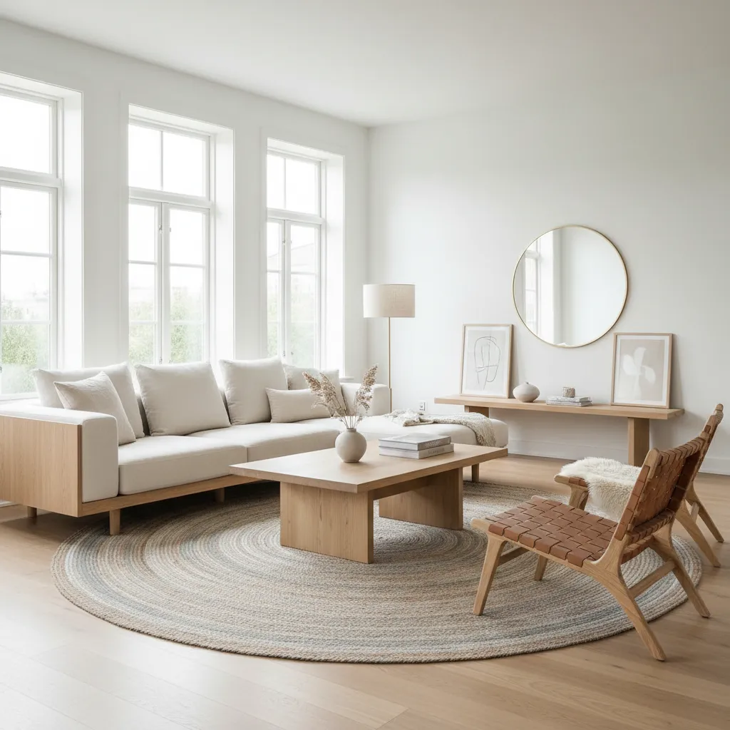 Interior escandinavo luminoso con madera clara y decoración simple