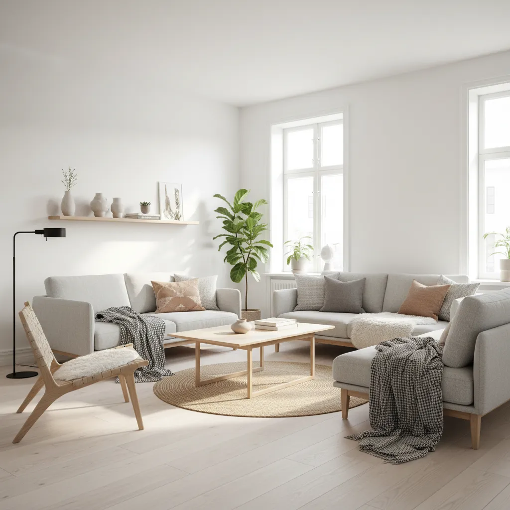 Salón escandinavo con madera clara y textiles suaves