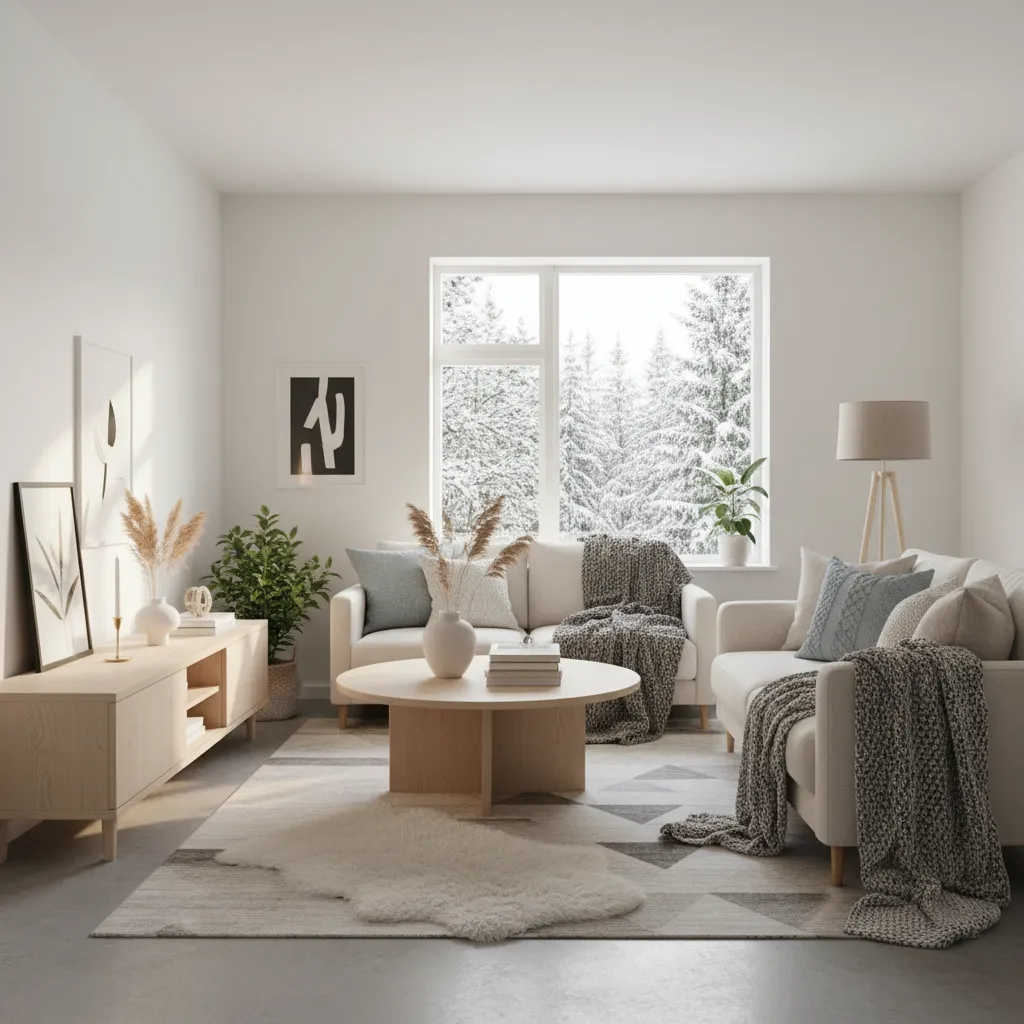 Sala luminosa con diseño escandinavo y muebles de madera clara