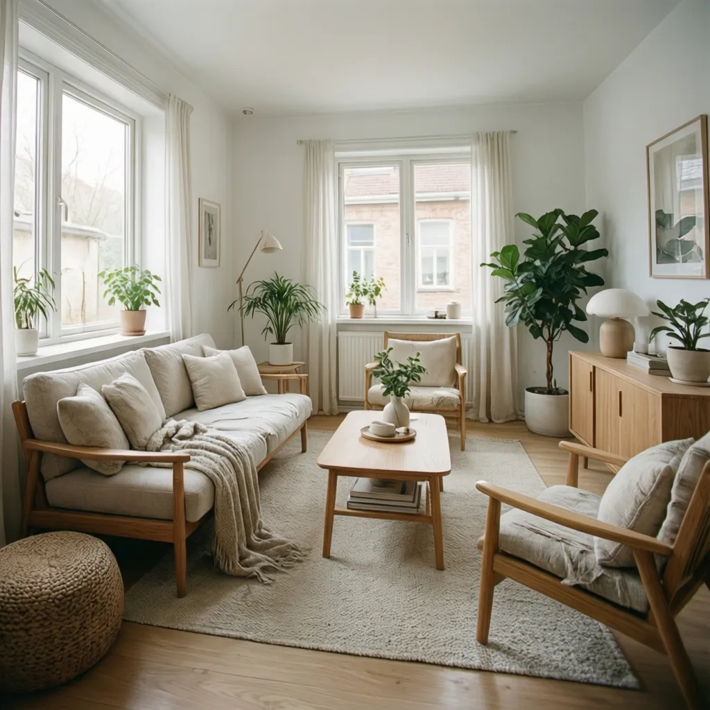 Scandinavian living room with beige sofa wooden coffee table green plants and large bright windows