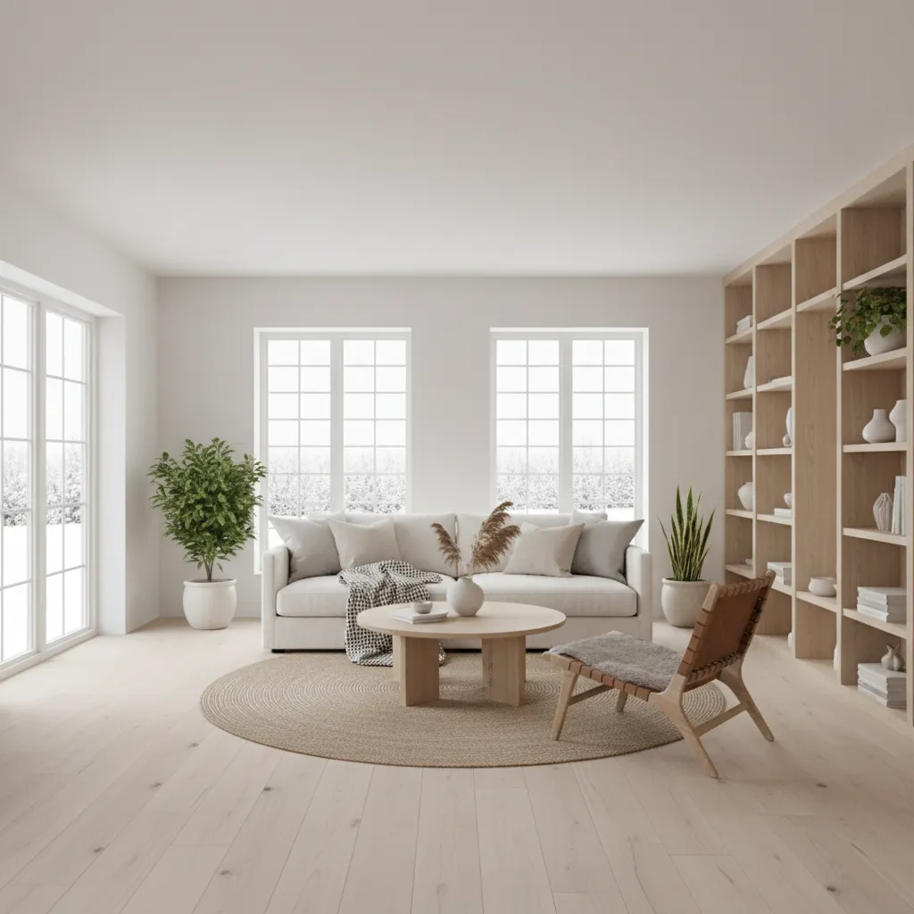 Salón estilo escandinavo con madera clara y luz natural