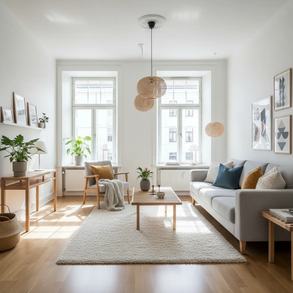 Sala de estar con diseño escandinavo y madera clara