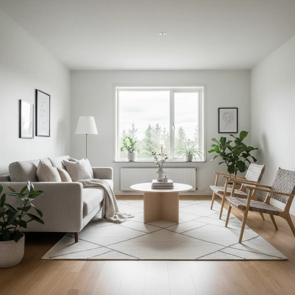 Salón de estilo escandinavo con madera clara, sofá neutro y luz natural