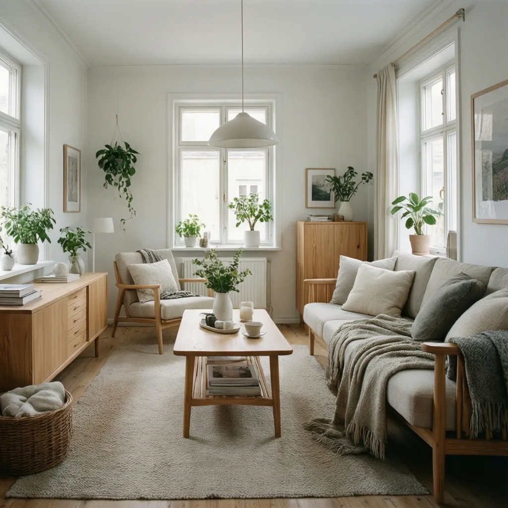 Salón con estilo escandinavo con madera clara y colores neutros