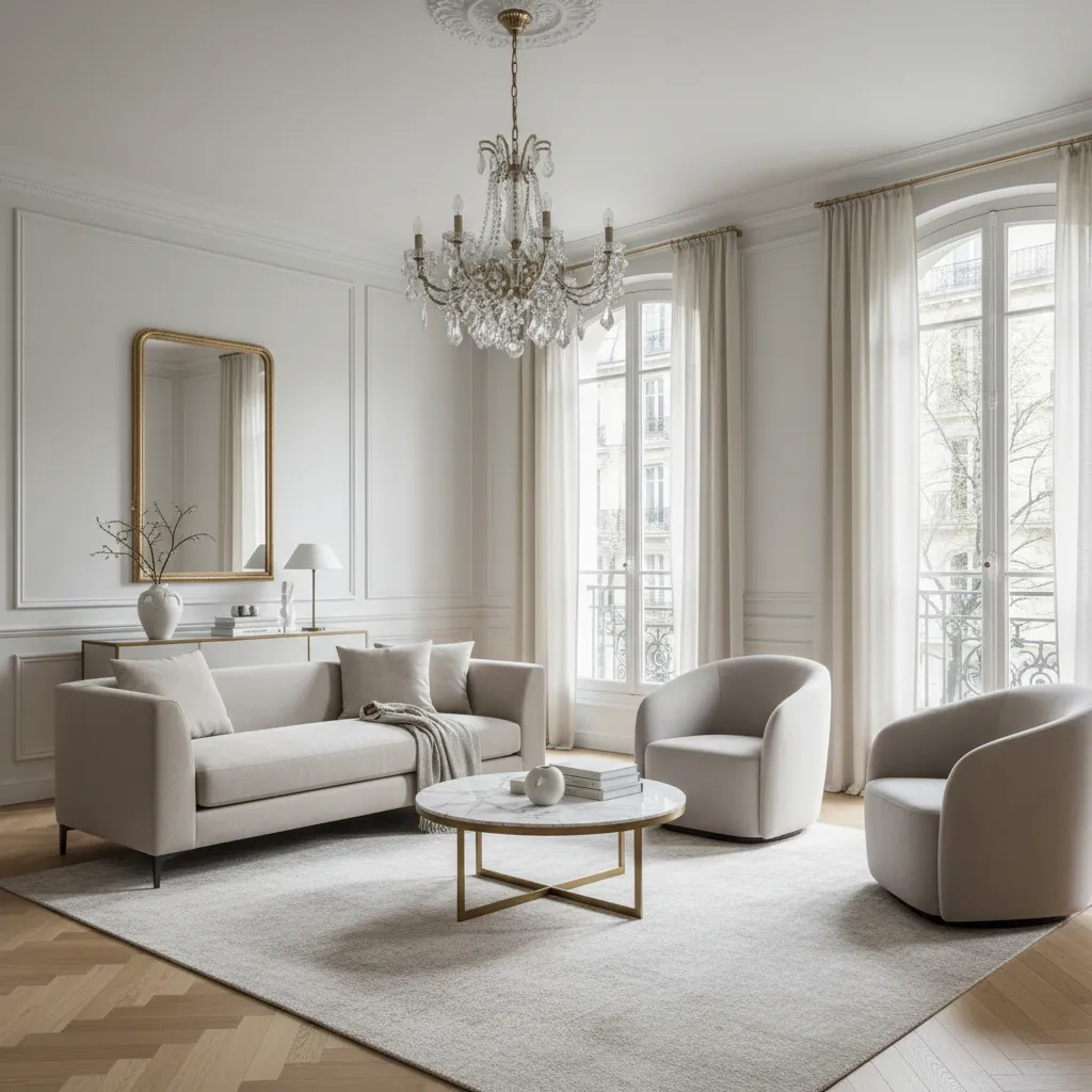 Bright white living room with ceiling light, beige sofa, two rounded chairs, and marble table