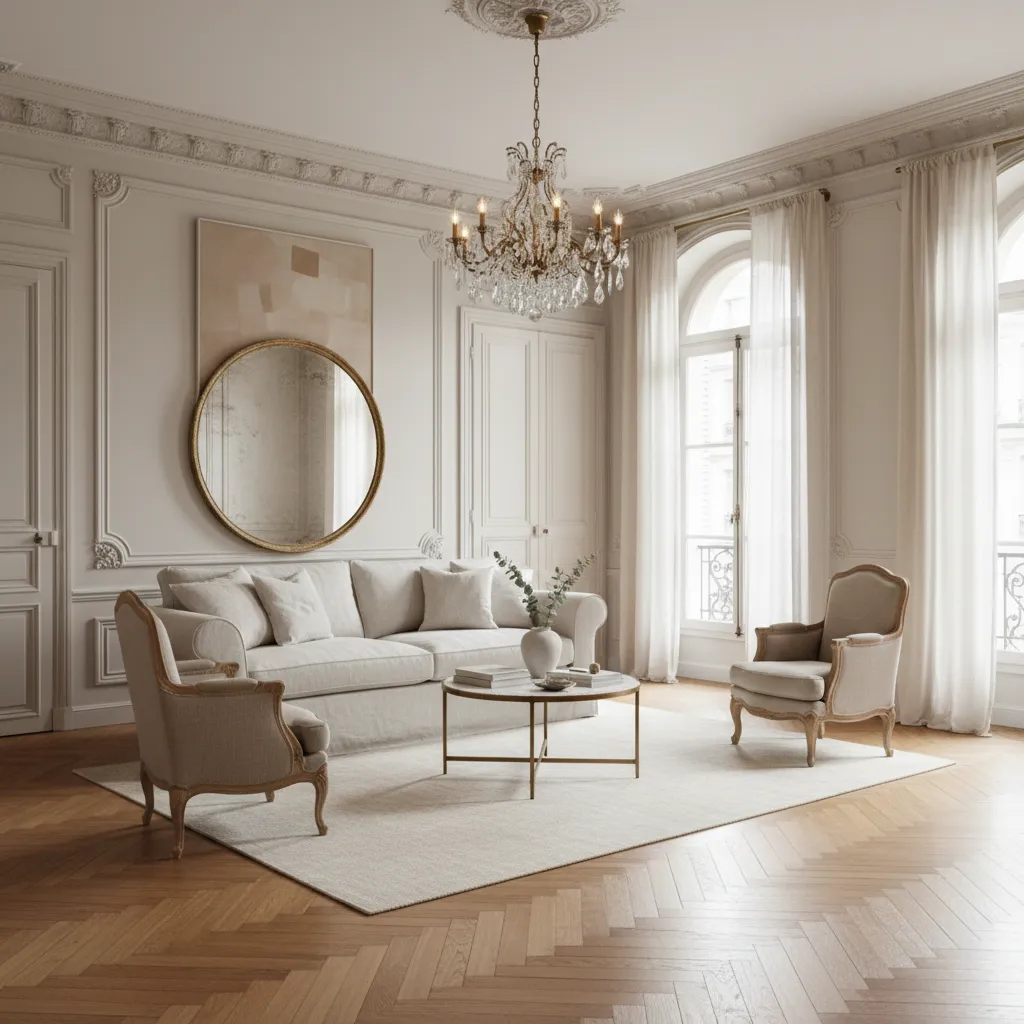 Bright living room with white sofa coffee table rug large windows and crystal ceiling light