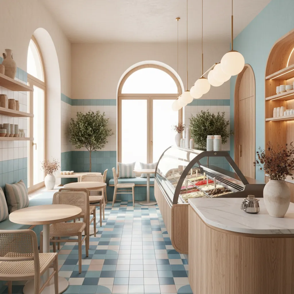 Heladería pequeña con estilo mediterráneo moderno y colores claros