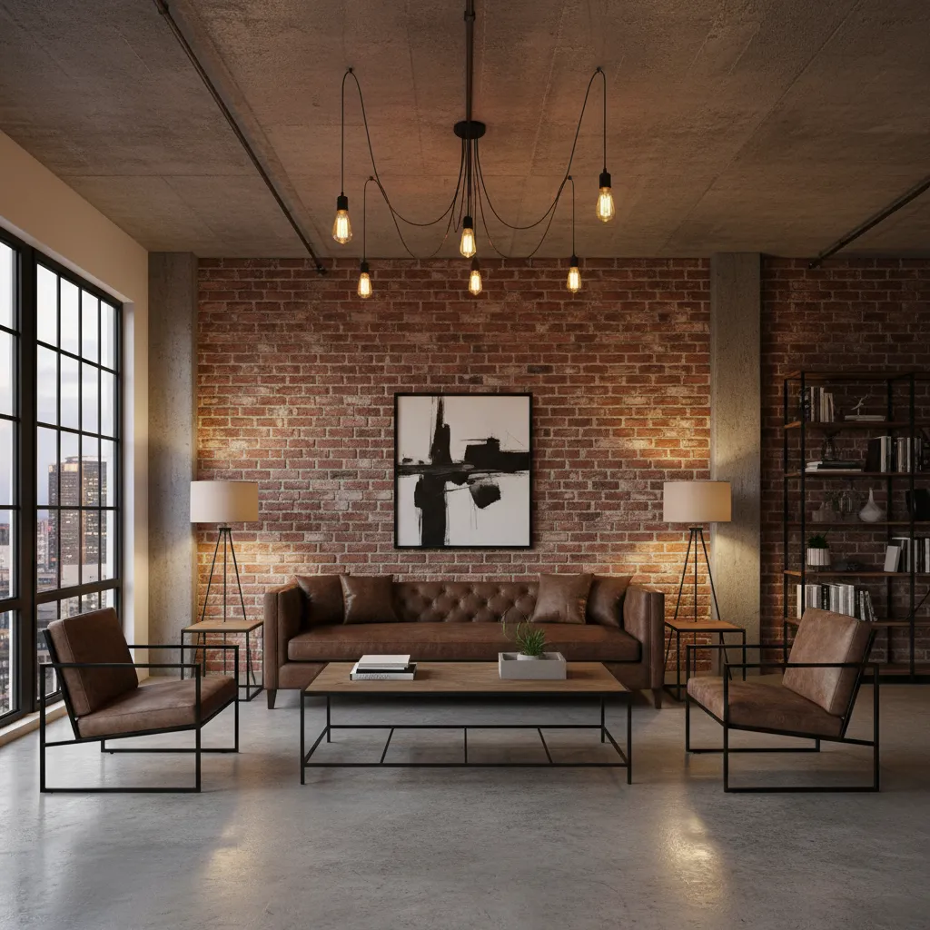 Industrial living room with brick wall, brown leather sofa, wooden coffee table, and ceiling light