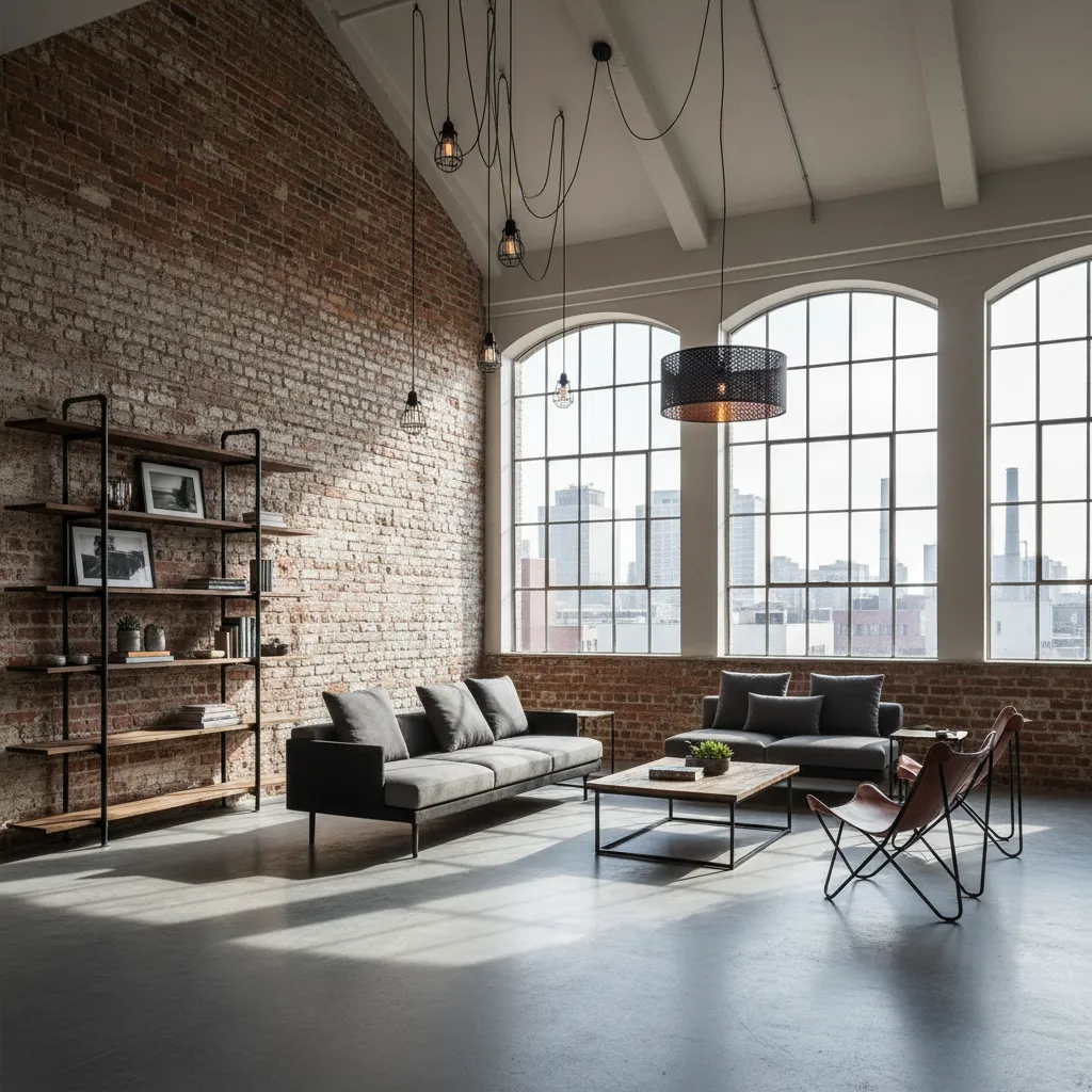 Salón estilo industrial con ladrillo visto y metal negro