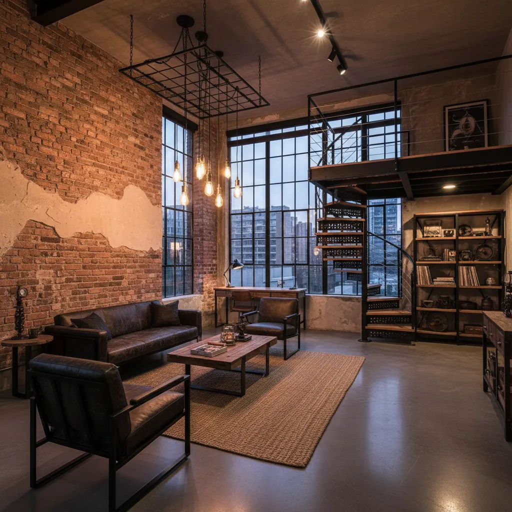 Loft con paredes de ladrillo y decoración industrial