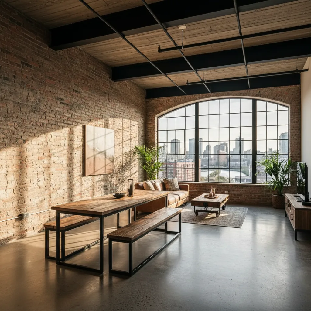 Interior estilo industrial con ladrillo visto, metal negro y madera