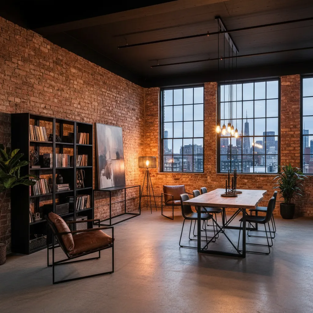 Loft con diseño interior industrial y paredes de ladrillo visto