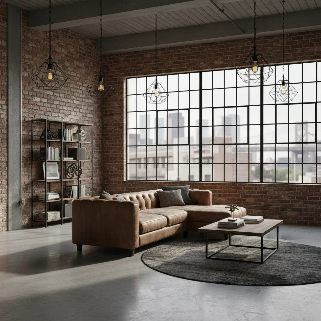 Loft con estilo industrial con ladrillo visto y metal negro