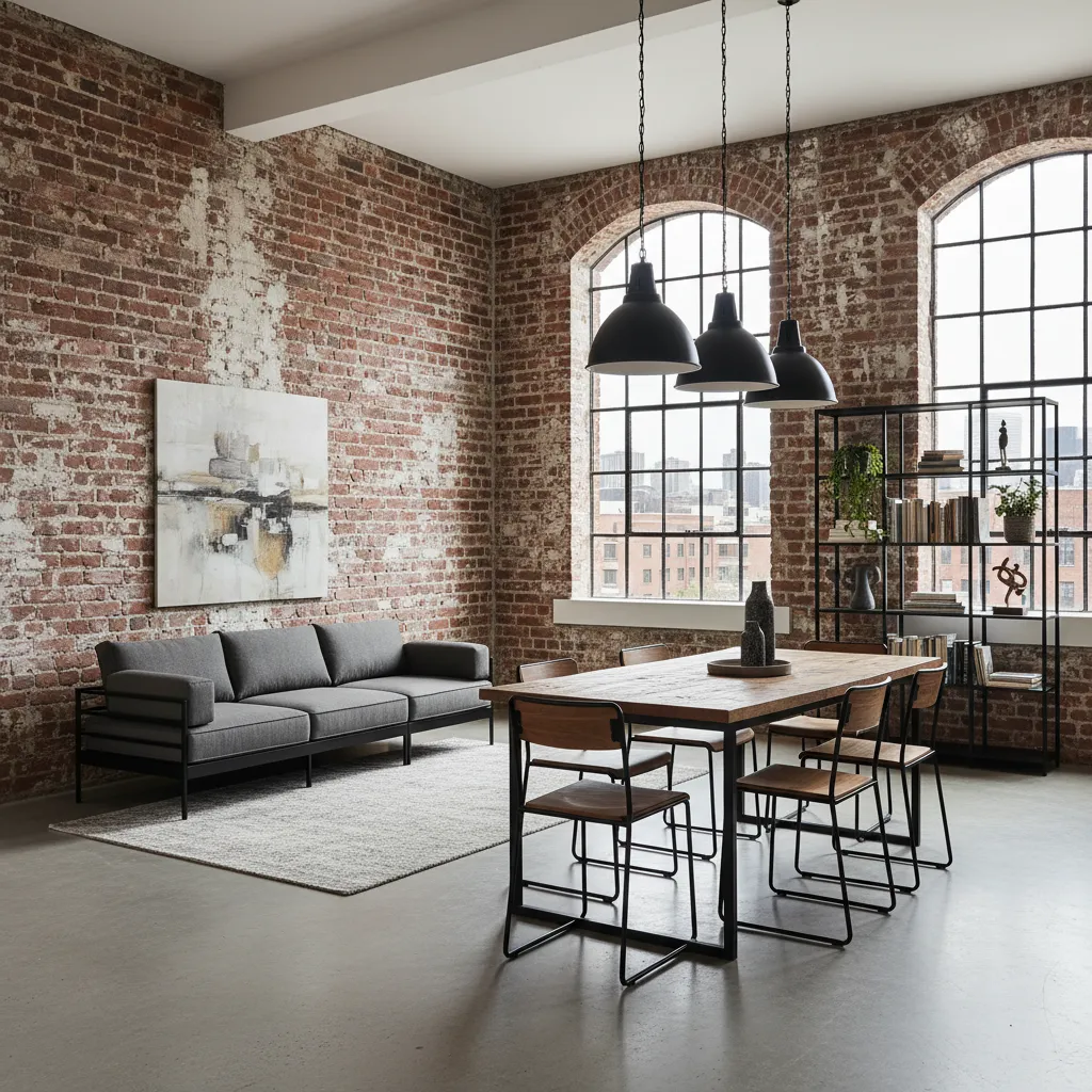 Interior de loft con estilo industrial con ladrillo visto y metal negro