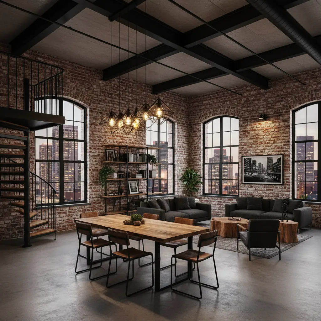 Loft con diseño industrial, ladrillo visto y lámparas metálicas