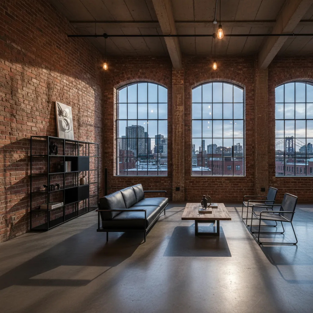Loft con estilo industrial con paredes de ladrillo y metal negro