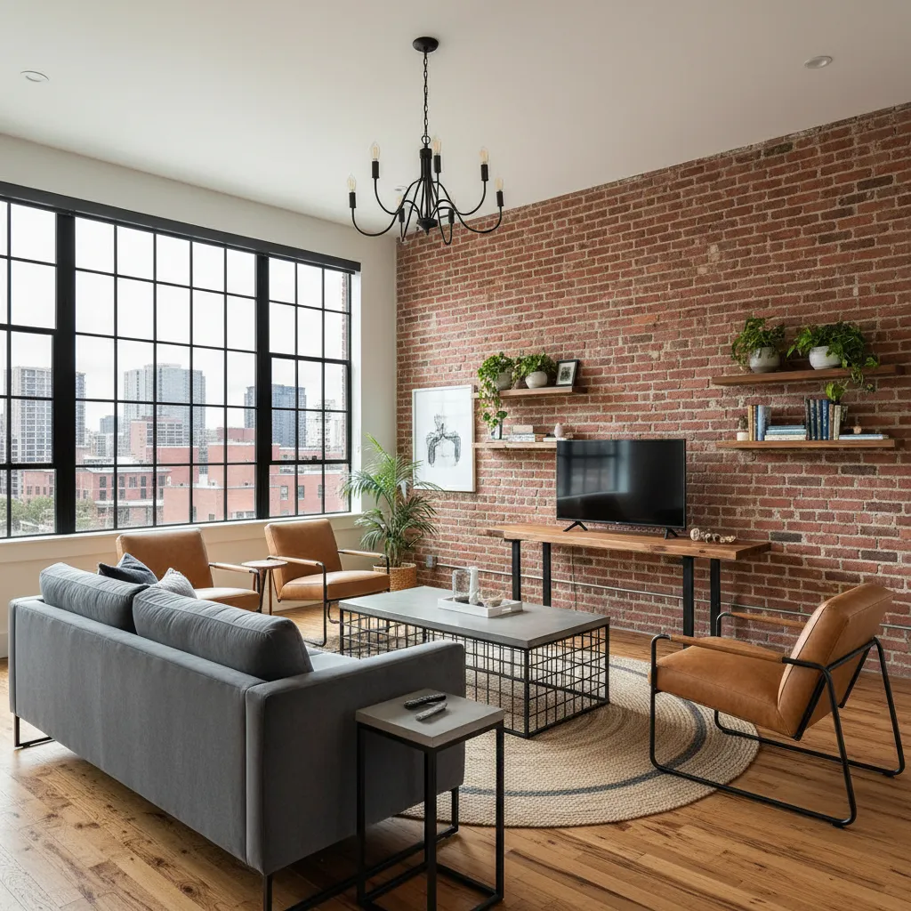 Salón con estilo industrial moderno y detalles en metal negro
