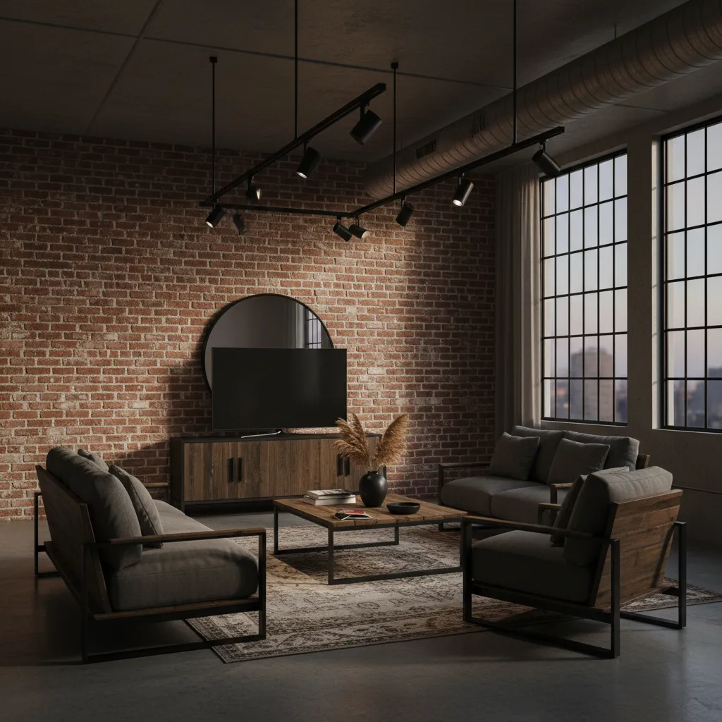 Salón estilo industrial con ladrillo visto y metal negro