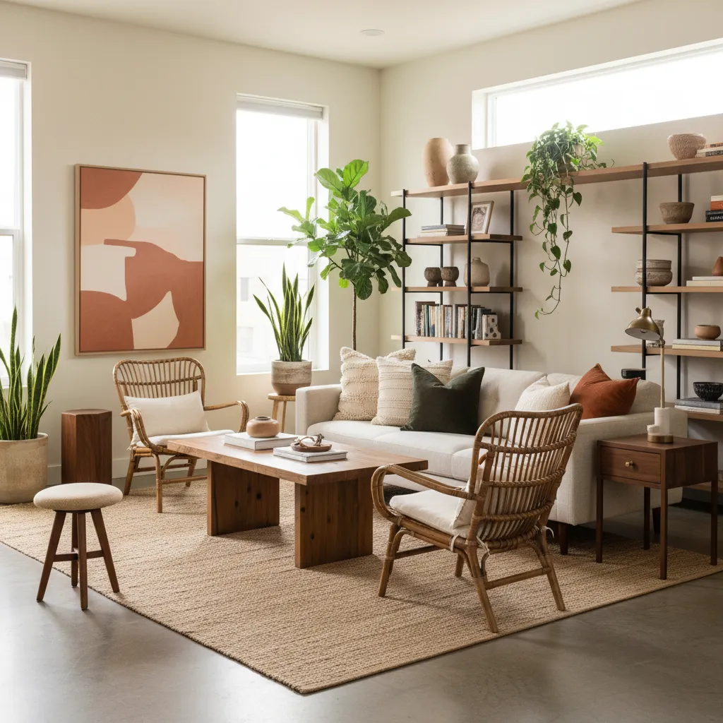 Cozy living room featuring cream sofa, wooden coffee table, rattan chairs, bookshelves, and green plants