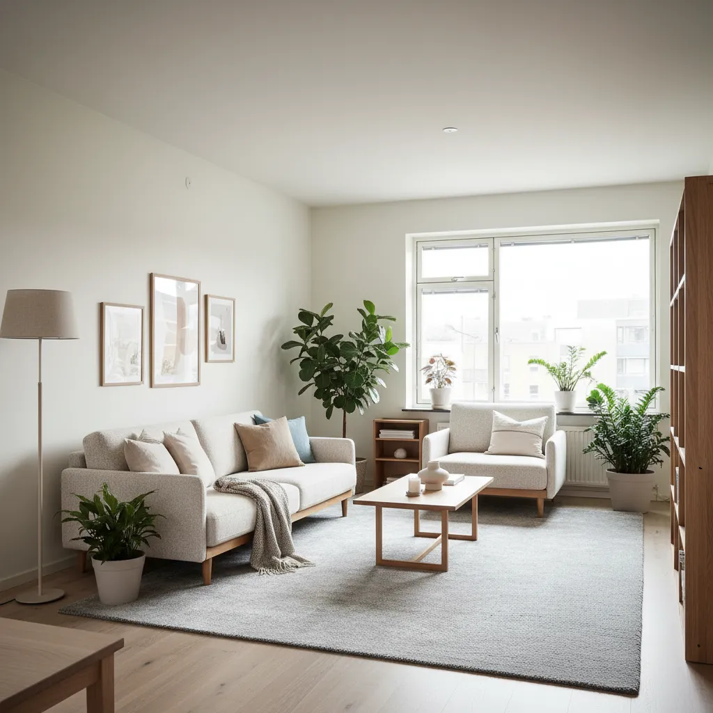 Sala moderna con mezcla de estilo escandinavo y detalles contemporáneos