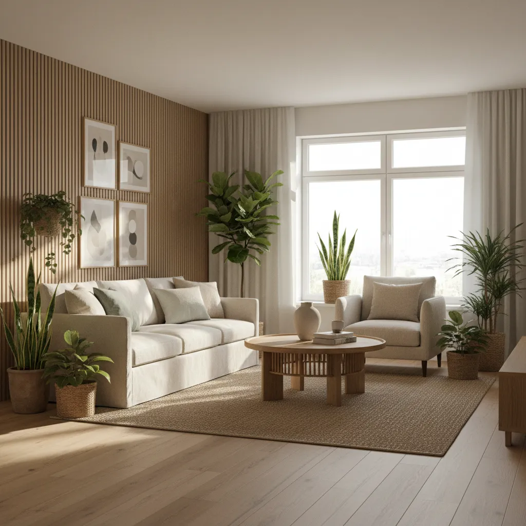 Modern living room featuring beige sofa, wood wall panel, round coffee table, rug, and plants