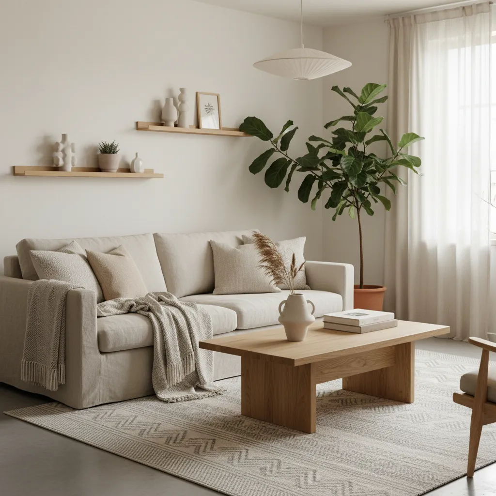 salón estilo japandi con madera clara y decoración minimalista