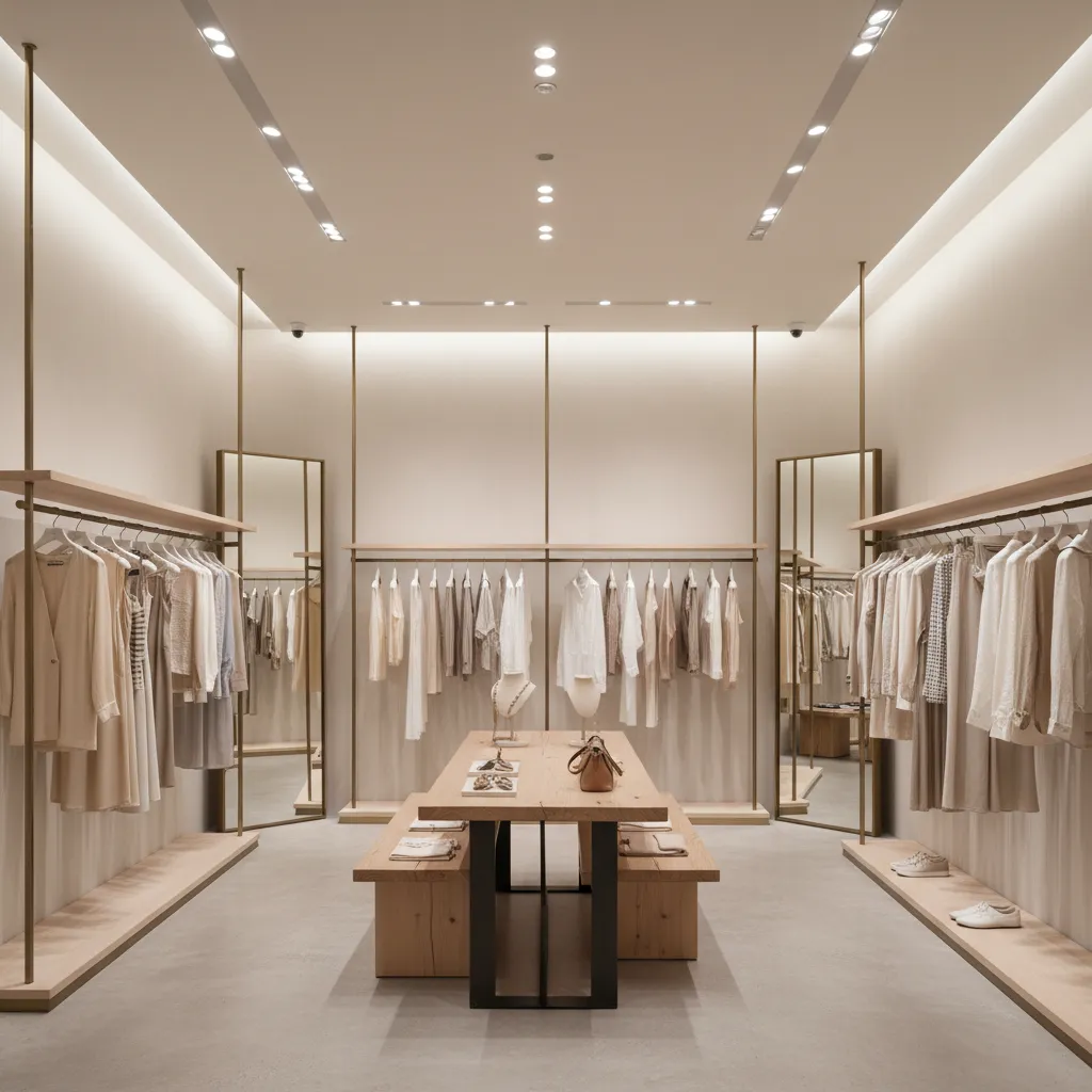 Tienda de ropa con estilo minimalista y decoración moderna
