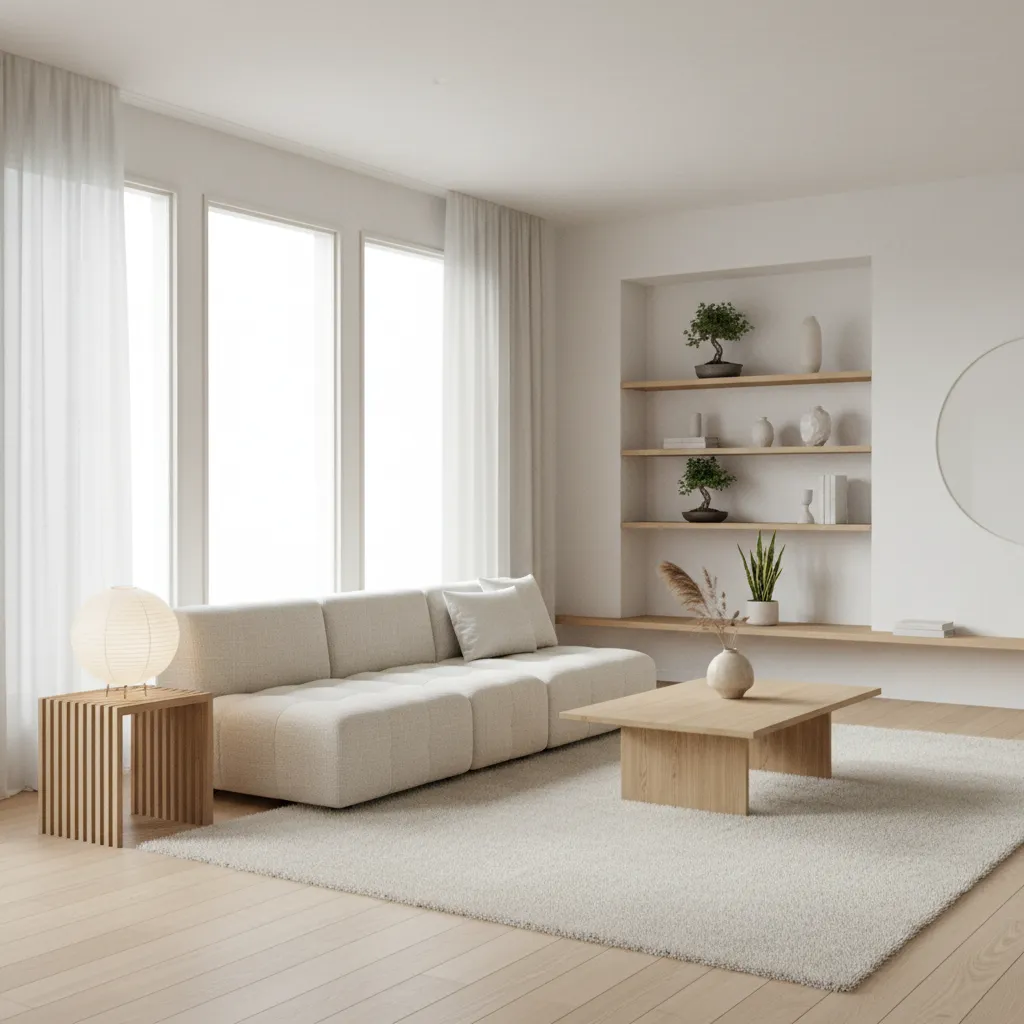 Interior estilo japandi con paredes blancas y muebles minimalistas de madera