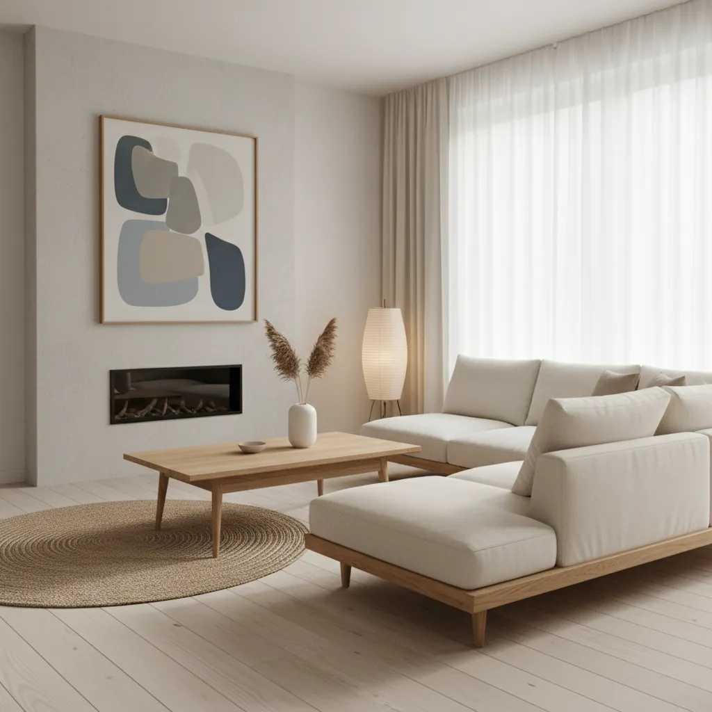 interior estilo japandi con muebles bajos y decoración minimalista