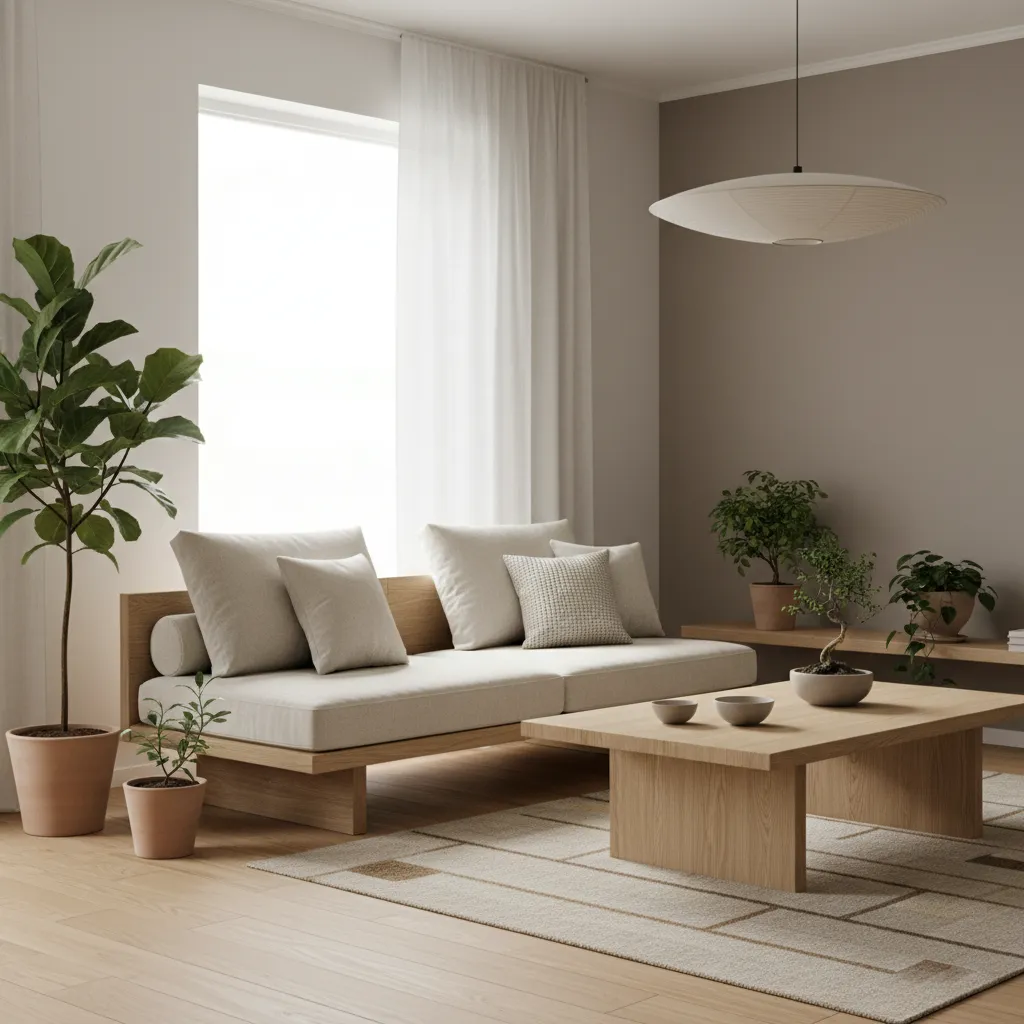 Interior estilo Japandi con madera clara y decoración minimalista