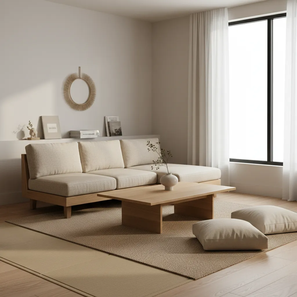 Interior estilo japandi con muebles bajos y madera natural